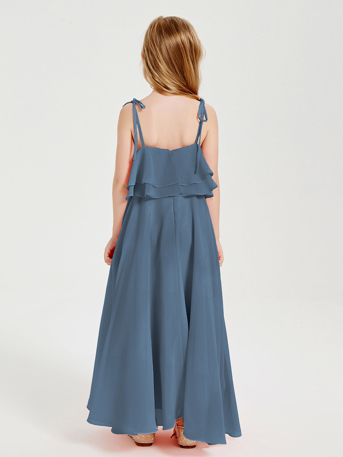 Chiffon Junior Bridesmaid Dresses Long Cascading Skirt Slate Blue